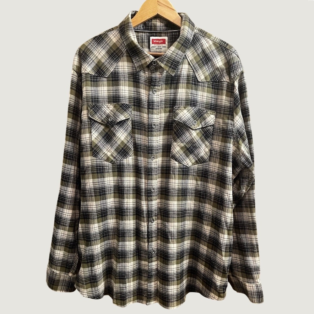 Wrangler Western Button Down Mens 2XL Olive Green Plaid Long Sleeve Stretch